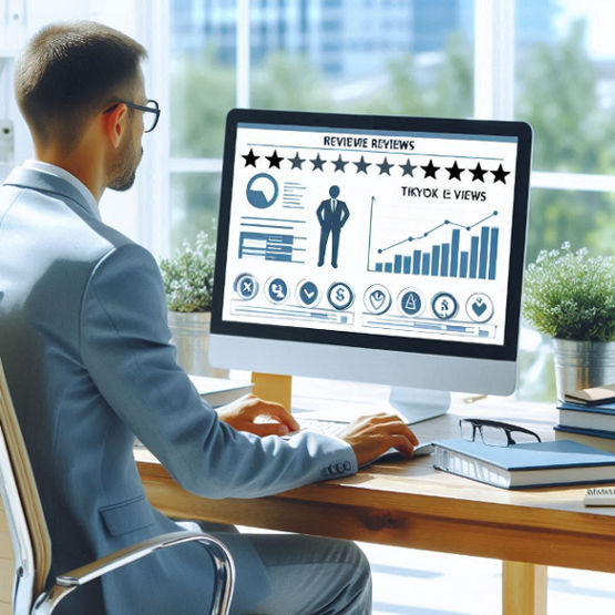 In a bright office, a professional reviews database software on a computer, analyzing trends for purchasing TikTok views.