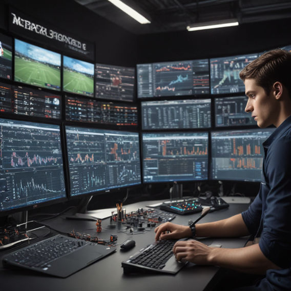 A vibrant studio with live sports feeds on multiple screens, technicians analyzing stats on sleek laptops.