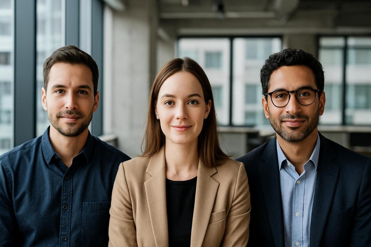 Three professionals in modern office, seated confidently with bright natural lighting.