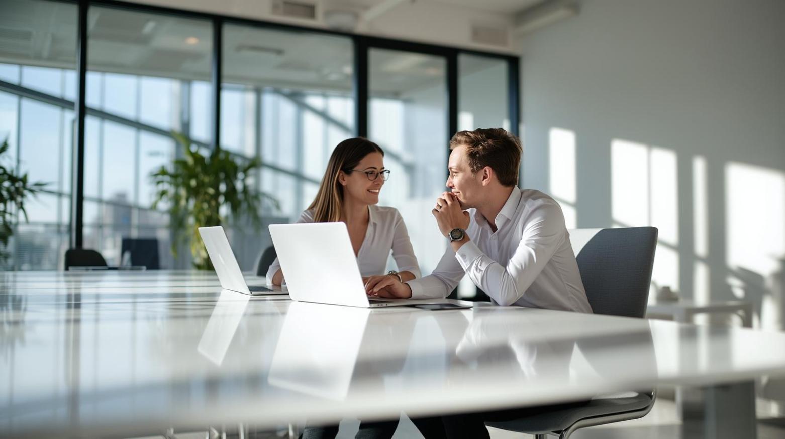 Two engineers collaborate in a bright office with blurred laptop screens visible.