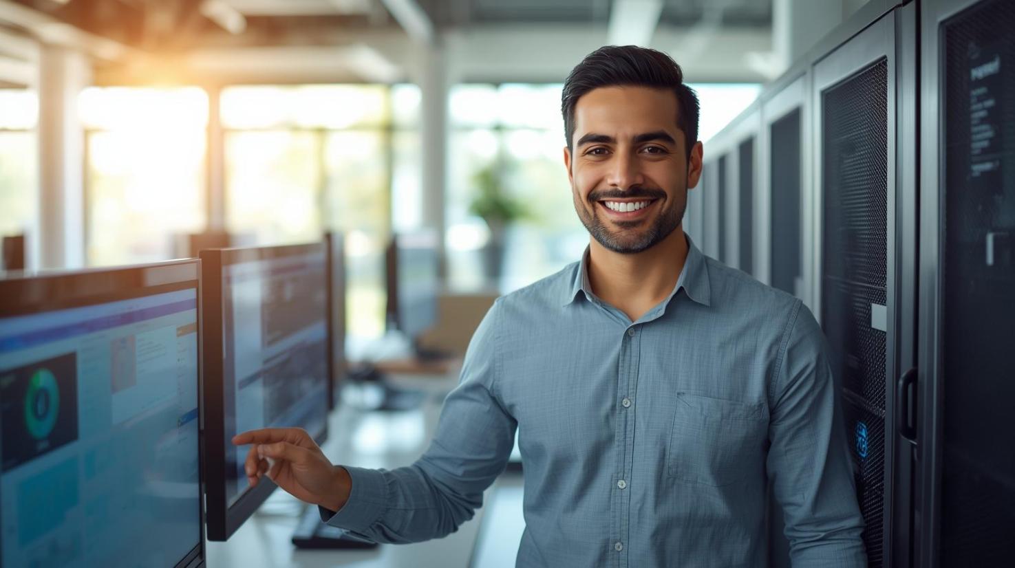 Male engineer monitors real-time systems with calm focus in bright workspace.